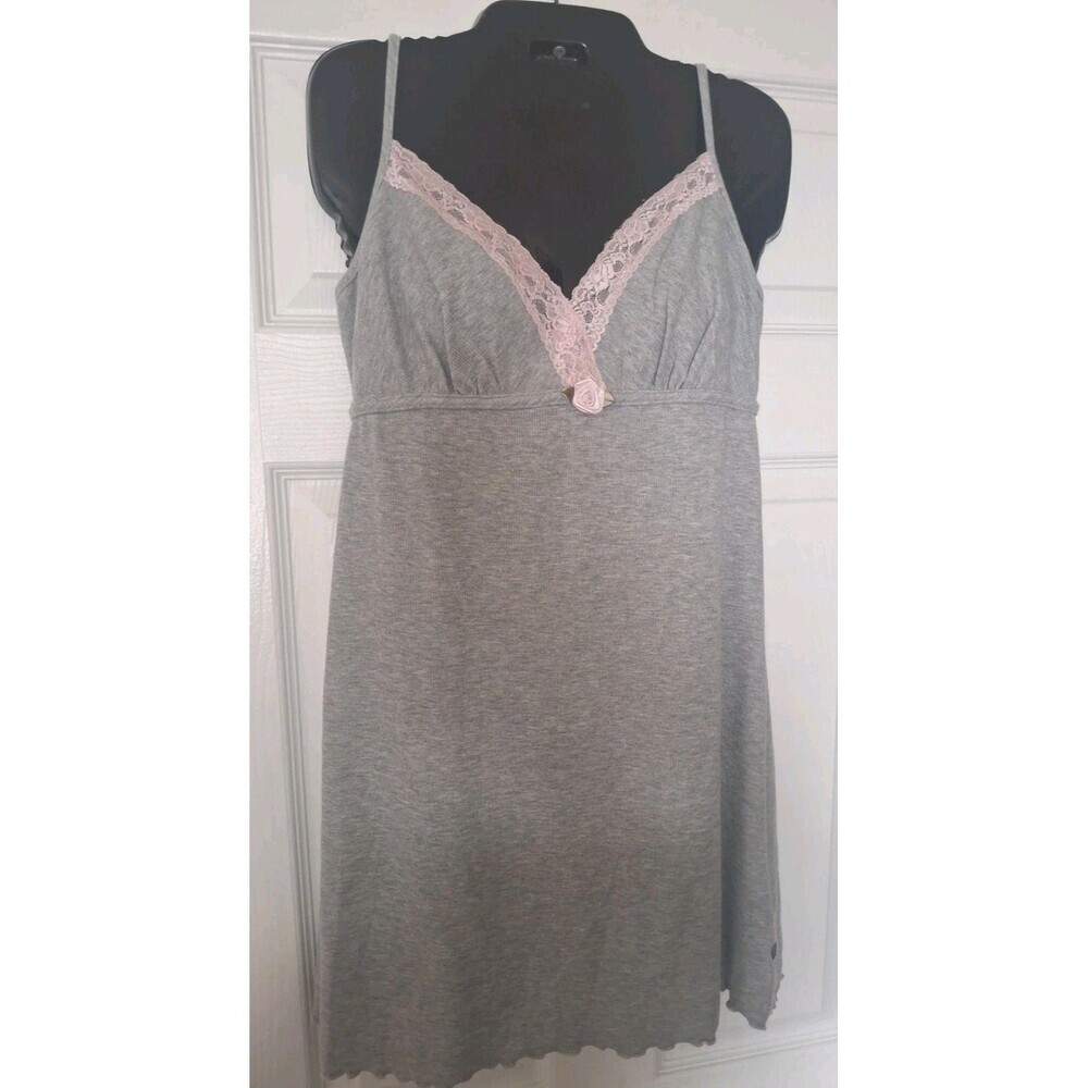 Y2K Delicates Ribbed Slip Dress Chemise Medium Gray Lace Trim Lettuce Hem